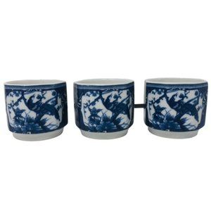 Set of 3 Cobalt Blue and White Ceramic Octagon Shaped Sake Cups Peacocks Trees